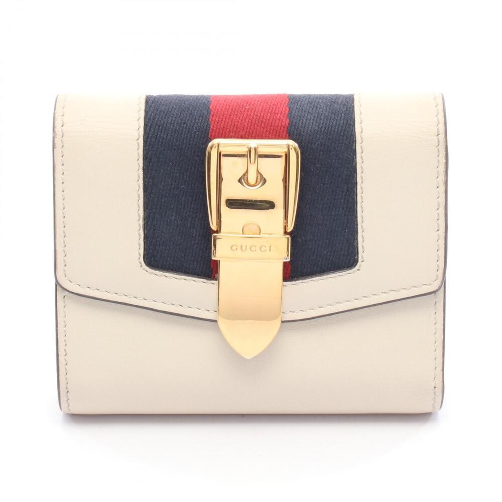 Gucci Sylvie Web Trifold Wallet Leather Navy Blue Ivory White